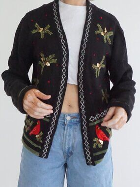 Vintage Reference Point Black Red Cardinal Holly Ugly Christmas Cardigan L